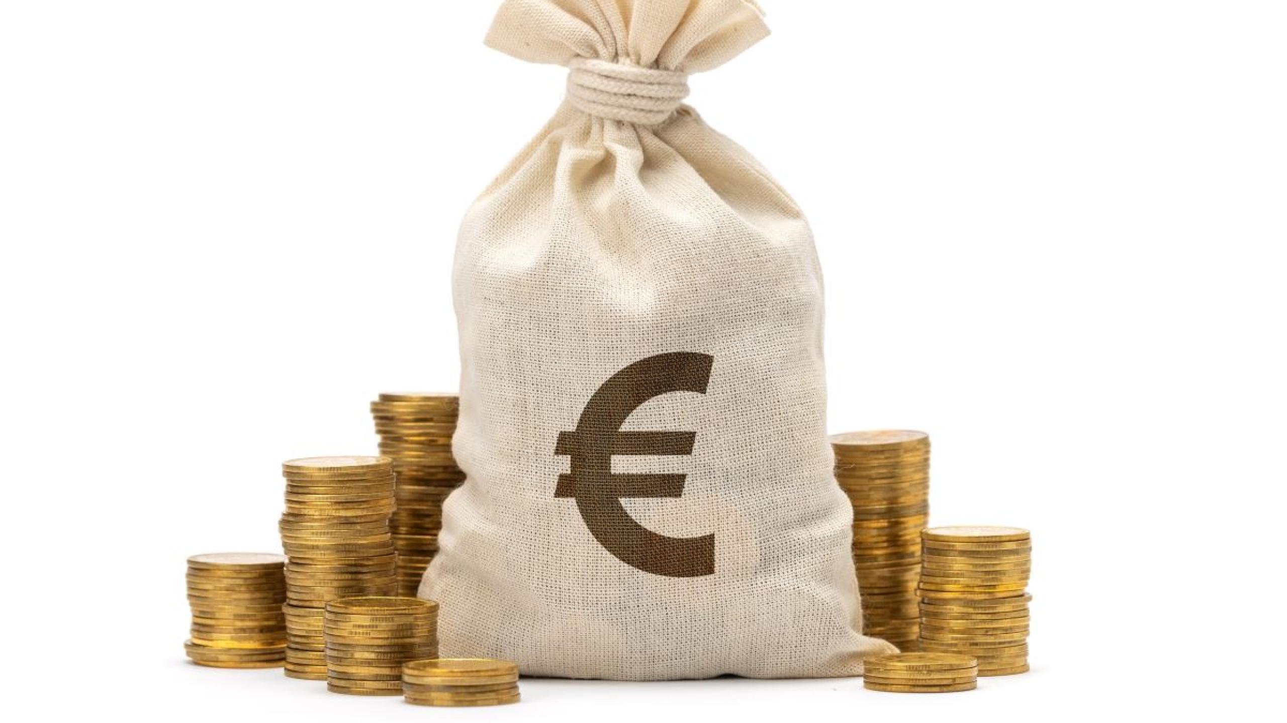 Munten naast zak met euroteken.