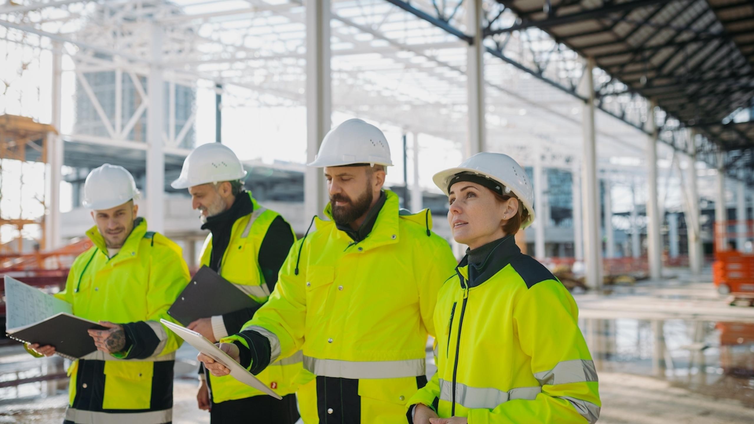 Groep mensen met fluohesjes op bouwplaats.